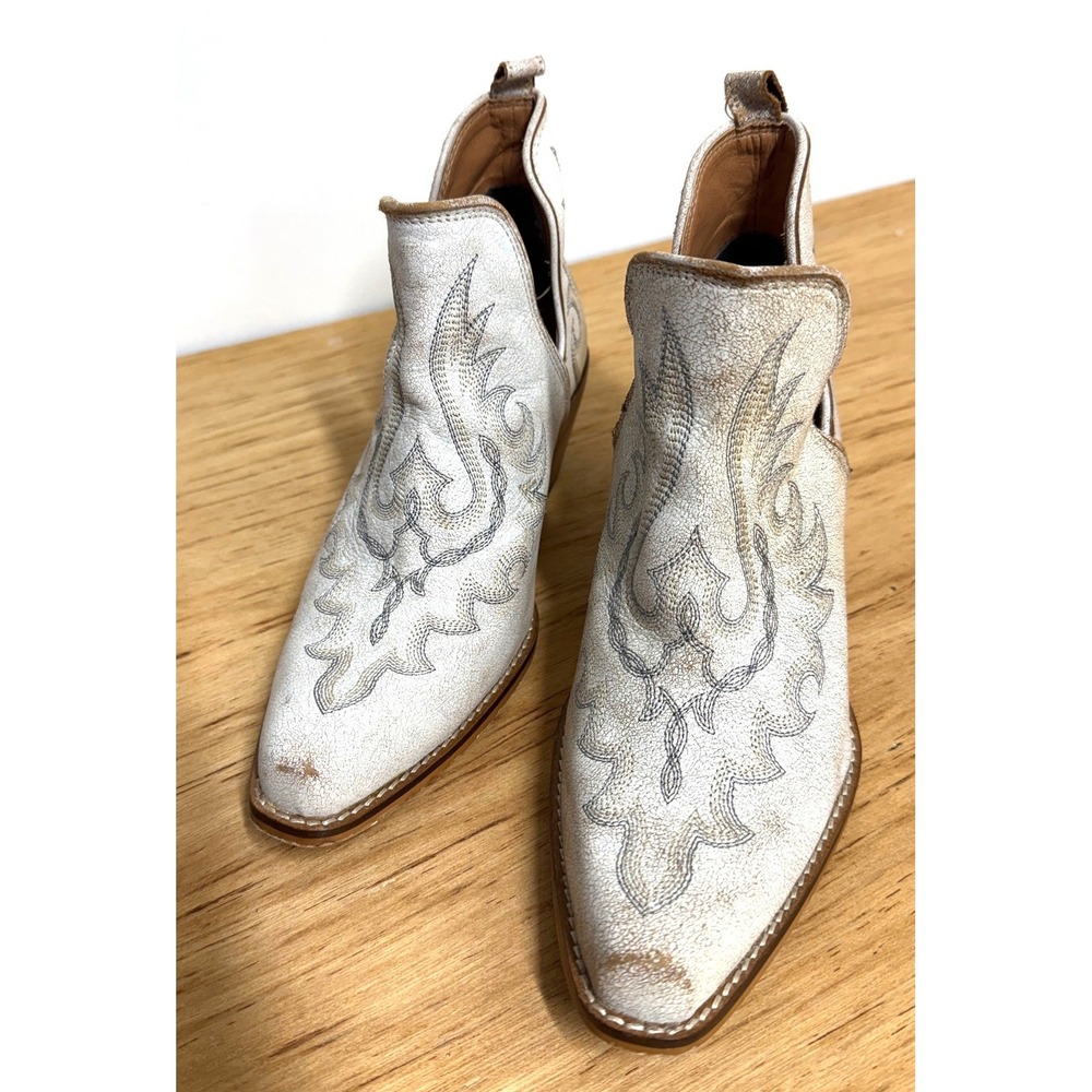 Myra Bag White Crackle Leather Western Ankle Boots Pointed Toe US 6 Hand Made